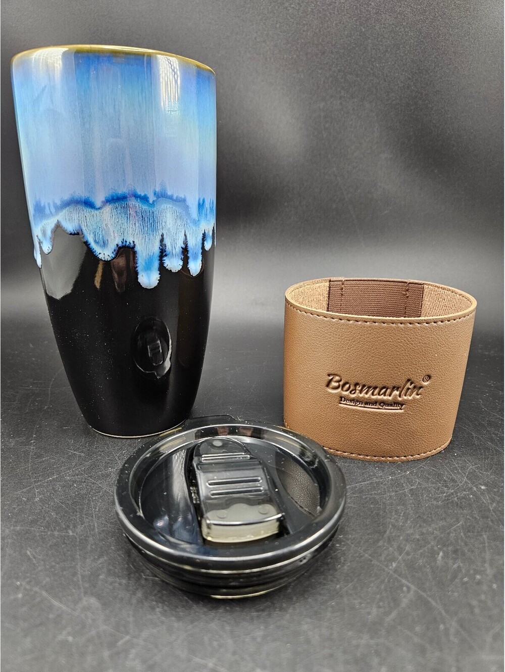 Bosmarlin Ceramic Travel Coffee Mug Blue Reactive Glaze Sleeve Lid 18oz